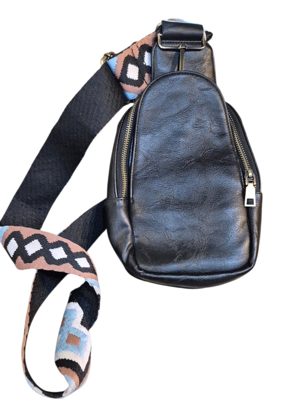 Black Leather Crossbody Sling Bag with Aztec Print Strap